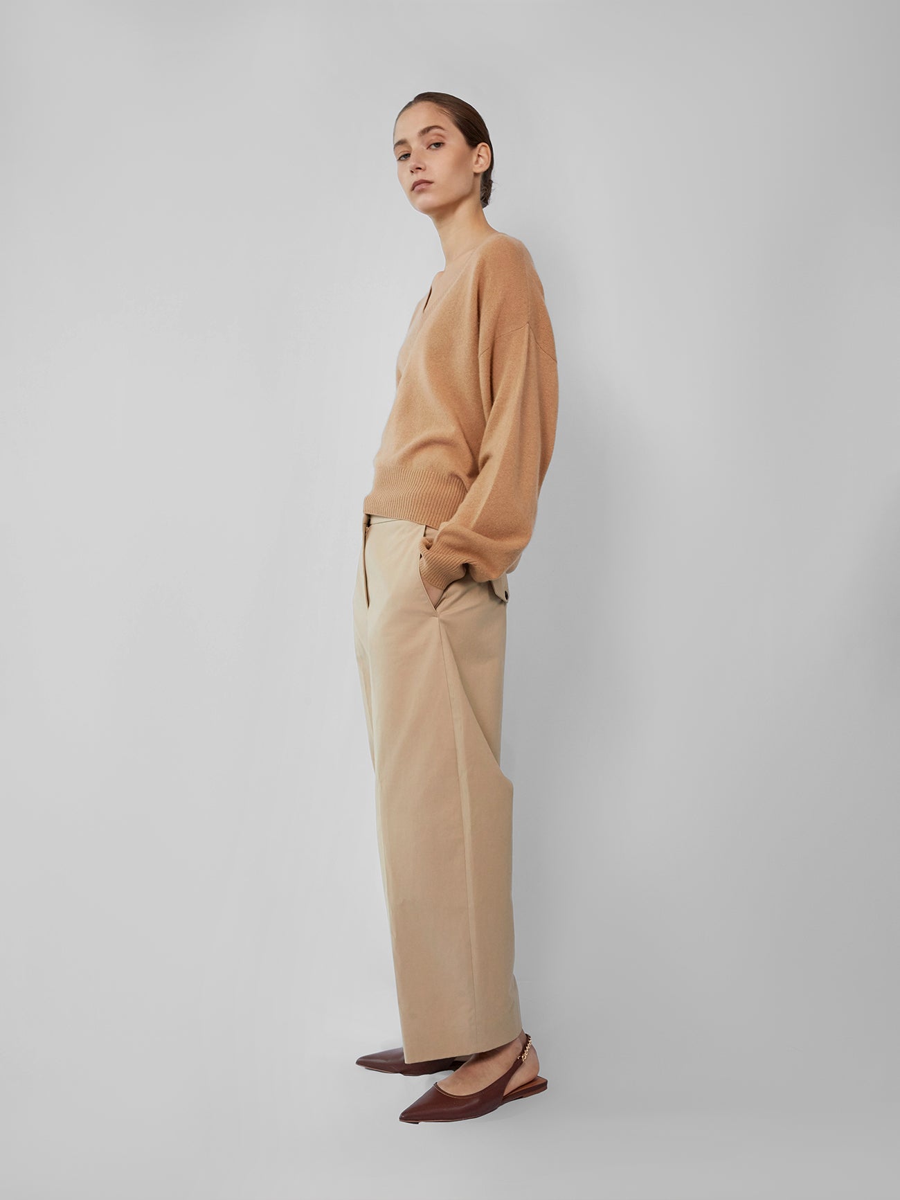 The Cashmere V Neck in Tan