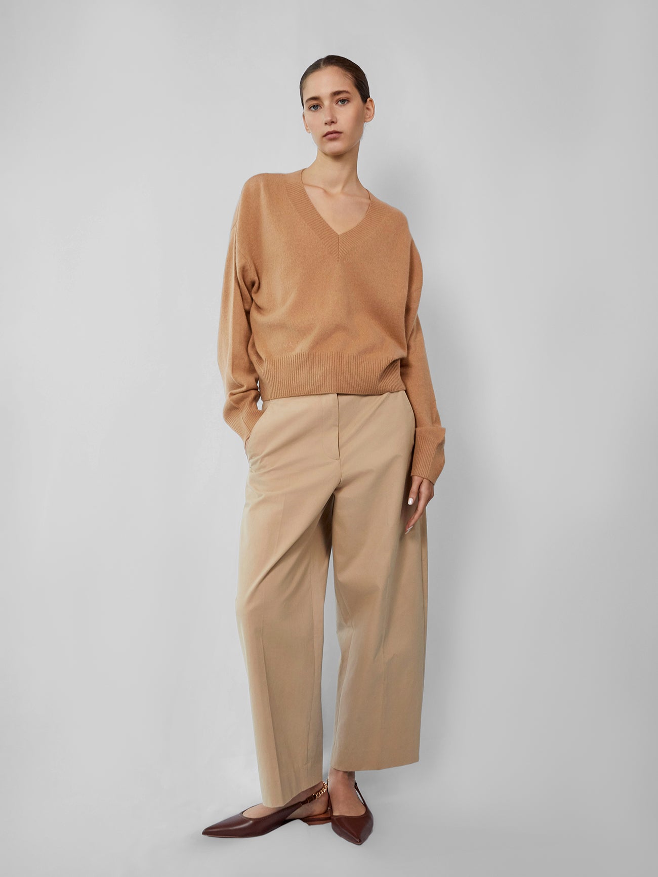 The Cashmere V Neck in Tan