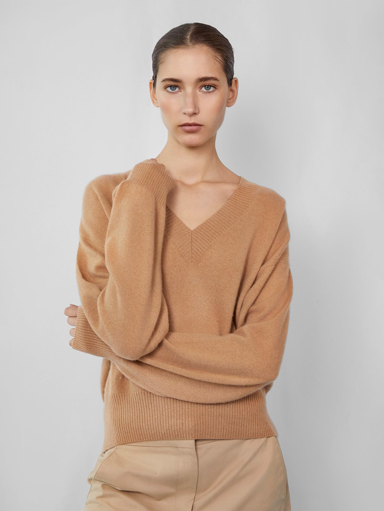 The Cashmere V Neck in Tan